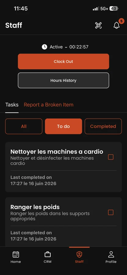 Staff app: task management and broken-equipment reporting