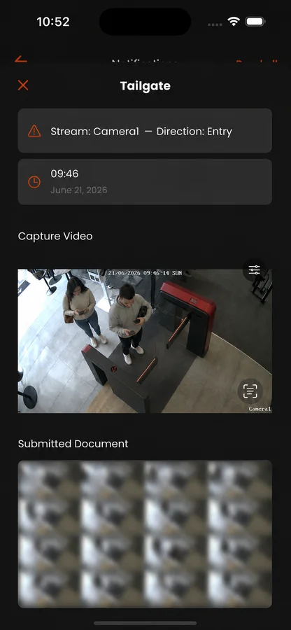 Tailgating alert with video capture in the app
